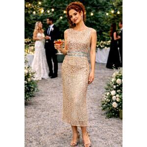 Mac Duggal Sleeveless High Neck Beaded Sheath Dress Nude 4